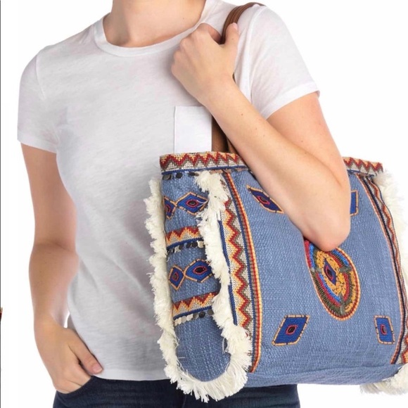 NWT Sam Edelman Denim Tote Bag With Vibrant Geometric Shape Trim - Picture 8 of 13